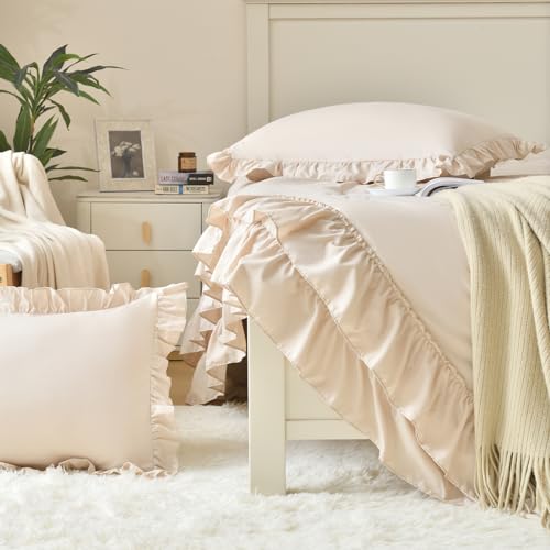 Beige Queen Comforter Set with Ruffle Farmhouse Bedding - 3 Pieces