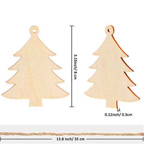 Tatuo 50 Pieces Wooden Christmas Tree Cutouts Embellishments Hanging Ornaments with Ropes for Christmas Decoration, Festival, Wedding, Craft