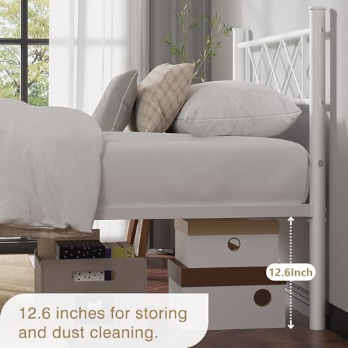 Full Size Bed Frame with Headboard - Pure White, Heavy Duty Metal Slats, Easy Assembly