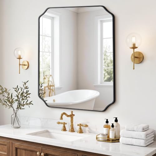Black Rectangular Scalloped Bathroom Mirror 36 Inch x 30 Inch Wall Mirror - Modern Frame