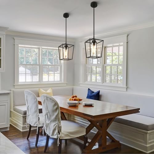 Black Farmhouse Pendant Lights 2 Pack for Kitchen Island with Glass Shades