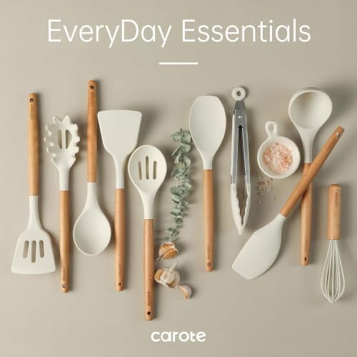 Kitchen Utensils Set with Wooden Handles - 10 Pieces Cream Food-Grade Silicone