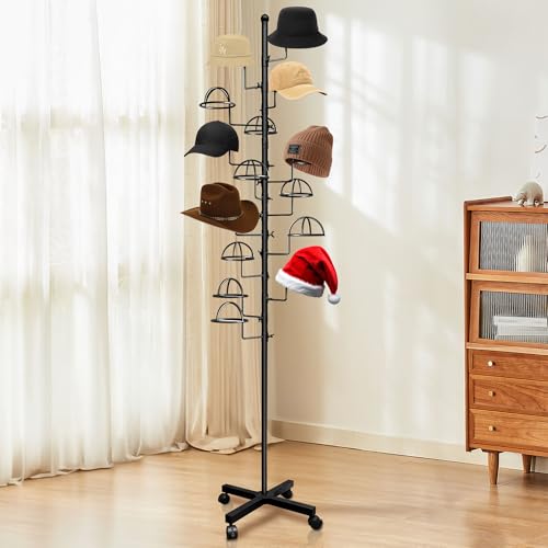 Black Freestanding Hat Rack Stand with 14 Adjustable Circular Hooks - Modern Metal Display