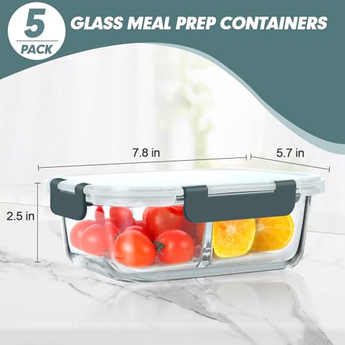 KOMUEE Gray 2-Compartment Glass Meal Prep Containers 30 oz 5 Pack