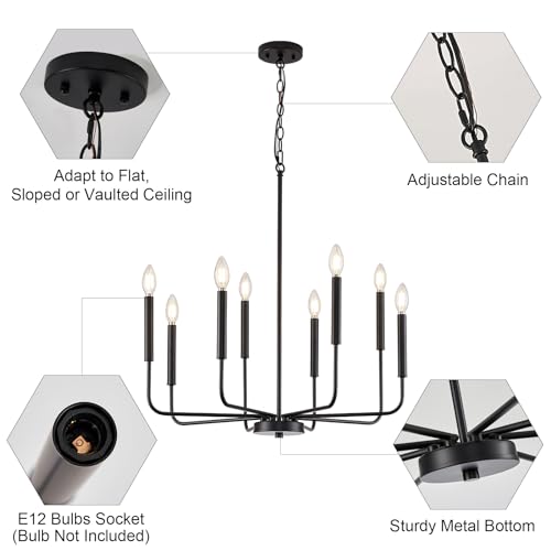 Black 8-Light Candle Chandelier for Dining Room - Farmhouse Pendant Light Fixture