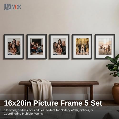 VCK 16x20 Black Picture Frame 5 Pack with Mat, Glass, Wall Mount