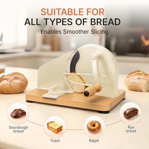 Manual Bread Slicer for Homemade Sourdough - White, Adjustable Thickness, Hand Crank with Stainless Steel Blade & Wood Base