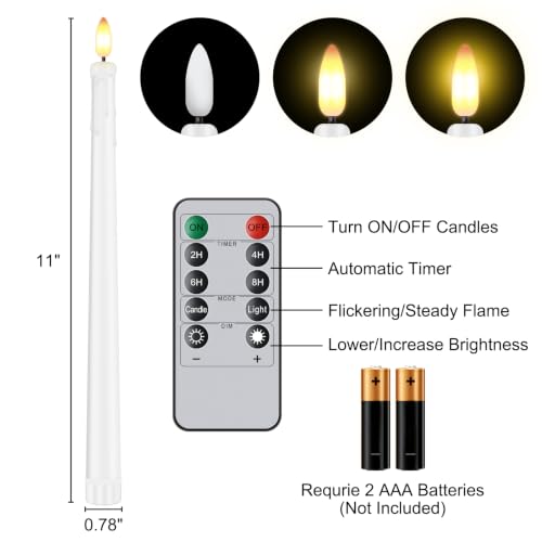 Hopule 12 Pack Flickering Flameless LED Taper Candles, Wedding Decor, White Dripping 11in
