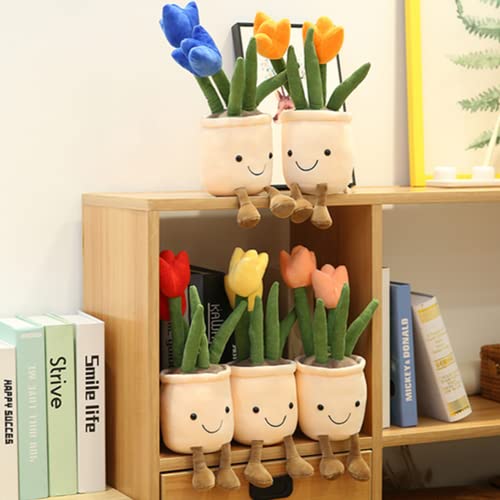 2Pack Tulip Plush Toy 13" Succulent Flower Pot Plush Pillow Toy Stuffed Throw Plushie Pillow Doll for Office and Kids Room Decorate,Blue+Yellow