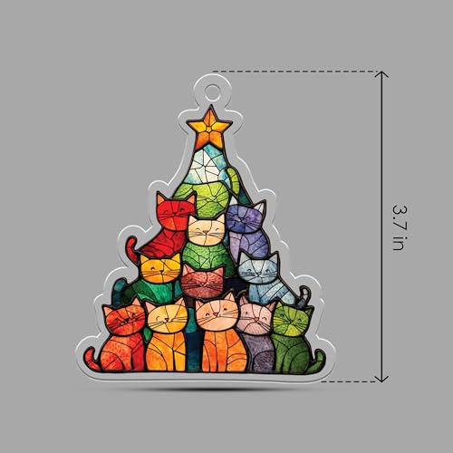 TTMerriwood Stained Glass Cat Christmas Tree Ornament - 4 Inch Acrylic Suncatcher