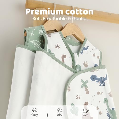 Baby Swaddle Sleep Sack 3-6 Months - Cotton Wrap with Adjustable Wings - Green Dinosaur 2 Pack