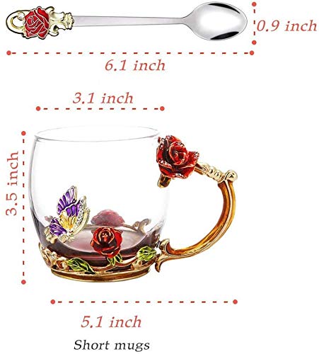 Tea Mug,Coffee Spoons,Glass Tea Cups,Coffee Cups Glass,Glass Mugs with Handles,Tea Lovers Gifts for Women,Butterfly Gifts for Women,Tea Sets for Women, Gift Ideas for Women. (Dwarf Red Rose Tea Cup)