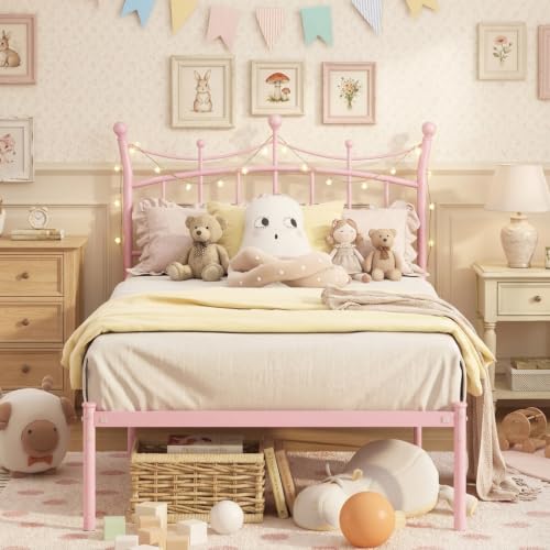 Pink Twin Bed Frame for Kids with Crown Headboard - Merronix Light Pink Twin Size Bed