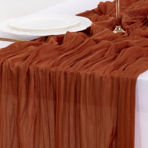 Socomi Thanksgiving Fall Table Runner Terracotta Cheesecloth Gauze Burnt Orange Boho Rustic Farmhouse 120 inch 10FT Cheese Cloth Runner for Wedding Party Baby Shower Home Decor Holiday Decorations