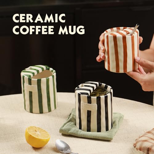 Meyerascal 10 oz Ceramic Mug with Stripes, No Handle, Straw Included – Coffee Time