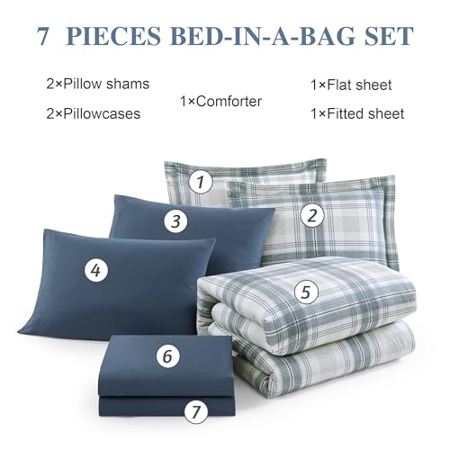 Blue Grey Full Size Plaid Comforter Set 7 Pieces Farmhouse Bed in a Bag