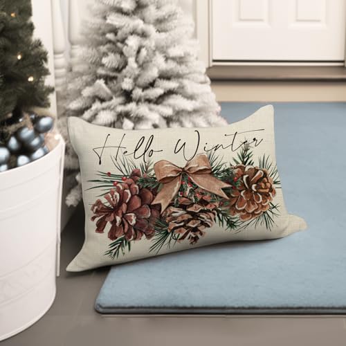 Hello Winter Pine Cone Lumbar Decorative Throw Pillow Cover 12 x 20, Rectangular Pine Needle Bow Outdoor Home Decor, Christmas Seasonal Red Berry Sofa Couch Cushion Case