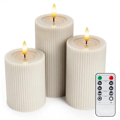 Cream Beige Fluted LED Pillar Candles Set of 3 - Flameless Dimmable Remote