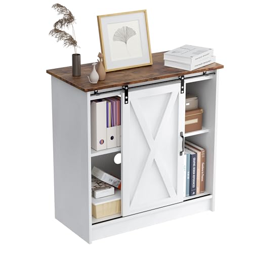 White Farmhouse Coffee Bar Cabinet with Sliding Barn Door and Storage