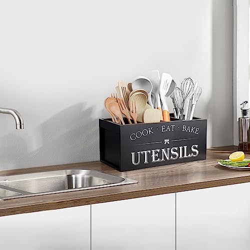 Extra Large Wooden Kitchen Utensil Holder Countertop - Black, 4 Compartments