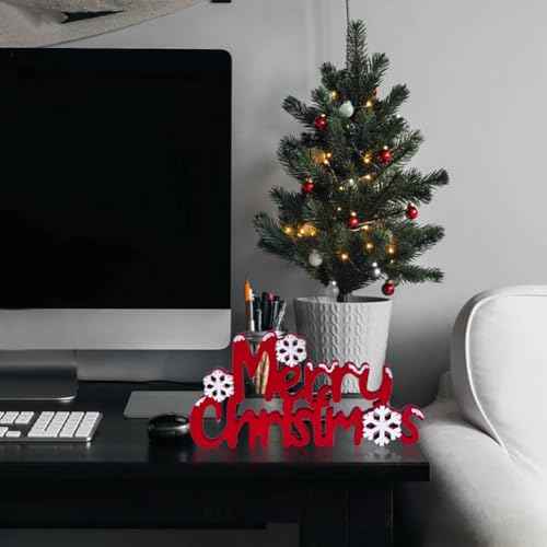 Merry Christmas Sign Wooden Tabletop Decoration, Freestanding Christmas Shelf Decor with 3D Snowflake, Red and White Xmas Decorations for Home, Mantle, Tiered Tray (Red)