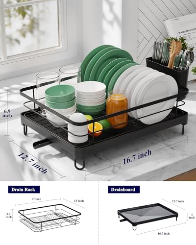 Kitsure Dish Drying Rack for Kitchen Counter - Black, 12.7 x 16.7 Inches, 1 Tier