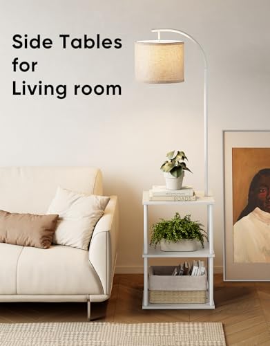 PARTPHONER White Floor Lamp with Table and Storage Shelves - Modern Nightstand with 3CCT LED Bulb