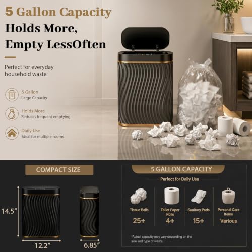 5 Gallon Automatic Touchless Bathroom Trash Can - Black Gold, IPX5 Water-Resistant
