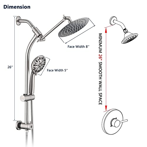 UCLIMAA Brushed Nickel Rainfall Shower Head Combo 8 Inch with Handheld Spray & 3-Way Diverter