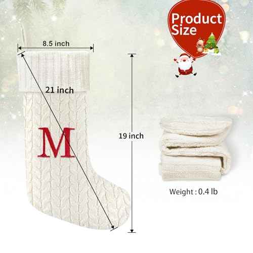 21 Inches Knitted Christmas Stockings with Initials, Large White Custom Monogram Embroidery Christmas Stockings with Letter, Personalized Xmas Decoration for Holiday Family Party-L