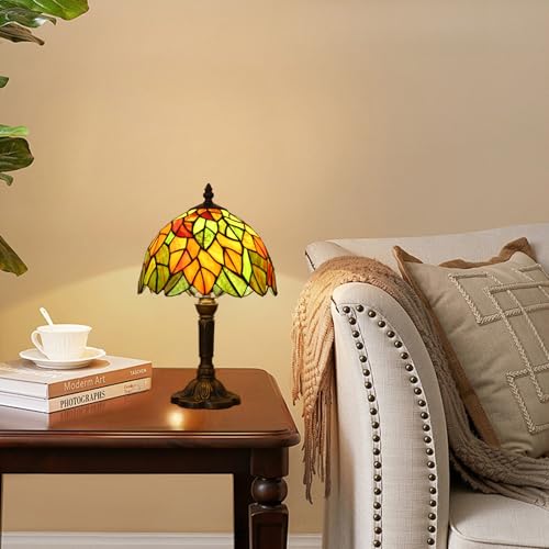 Maple Leaves Tiffany Table Lamp 3-Way Color Temperature Nightstand Light - 9x9x15 Inch