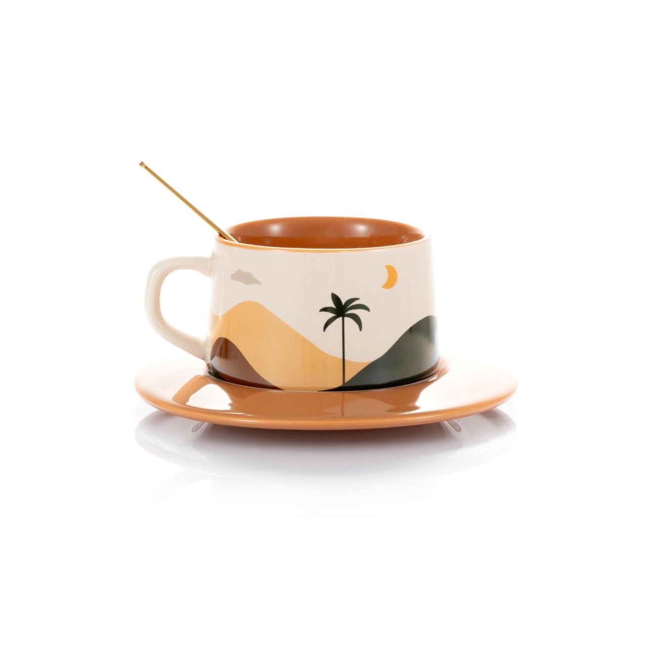 SHENDONG Latte Art Mugs Ceramic Coffee Sets of 2,Novely Tea Cups with Spoons,Creative Oasis series Mugs,250ml Coffee Cups for Cappuccino Latte Mocha,Gifts for Women and friends(Desert And Cactus)