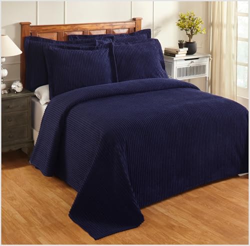 Better Trends Navy King Bedspread, 100% Cotton Tufted - Classic Stripe Coverlet, Soft & Cozy Bedding for All Seasons, Machine Washable - Jullian Collection