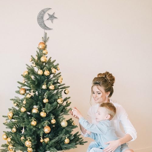 Angoily Glitter Star and Moon Christmas Tree Topper - Silver, 30cm