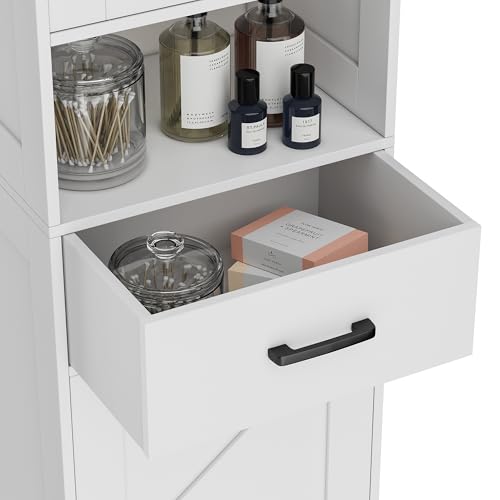 Homhedy 67-Inch Tall Bathroom Storage Cabinet with Barn Doors, Drawer, White - Reversible Door