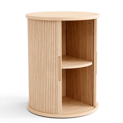 Oak Round End Table with Fluted Panel and Sliding Door - Mid Century Modern Boho Nightstand