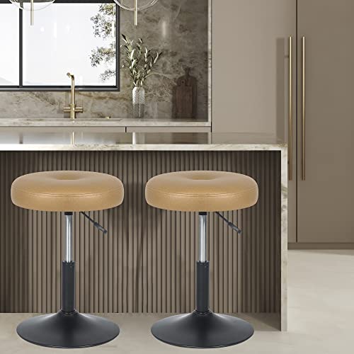 Homebeez Adjustable Faux Leather Round Ottoman, 360° Swivel Freely Vanity Stool Makeup Stool Vanity Chair, Turmeric