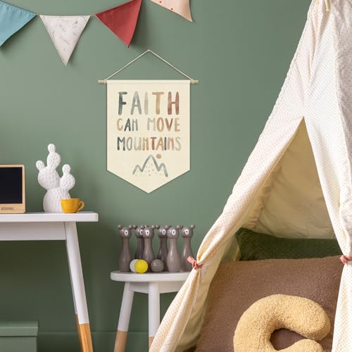 Christian Kids Wall Art Canvas Banner,Faith Can Move Mountains,Bible Verses Wall Hanging Pennant Flag Canvas Banner for Playroom Classroom Baby Kids Bedroom 15x11in