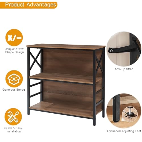 Brown 3-Tier Small Bookshelf - Industrial Metal Frame & Backboard, Rustic Compact Storage