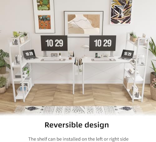 Treesland 47-Inch White Corner Computer Desk with Bookshelf & Storage