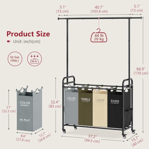 Laundry Sorter Cart with Hanging Clothes Rack - 4 Colors and 4 Bags