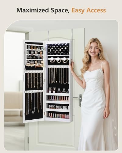Nicetree White Jewelry Armoire with 6 LEDs Hanging Mirror Cabinet with Lock & Keys