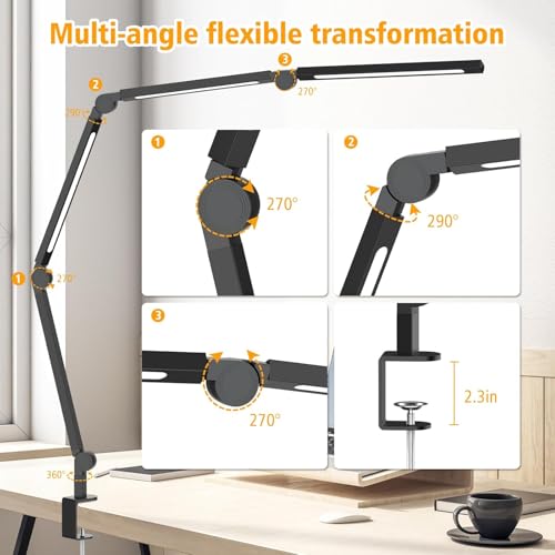 LED Desk Lamp with Clamp - Black, Dimmable, Eye-Caring Architect Light