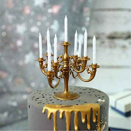 Mini Plastic Candle Holder Stand with 9Pcs Candelabra Taper Beautiful Vintage Candlestick Cake Topper Desk Ornament for Christmas Wedding Event Birthday Party Candelabra Gold Height 14cm