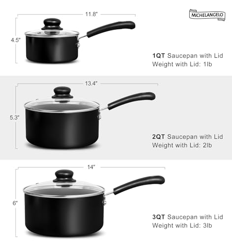 Nonstick Saucepan Set with Lids - 1QT, 2QT, 3QT Ceramic Coating - Black