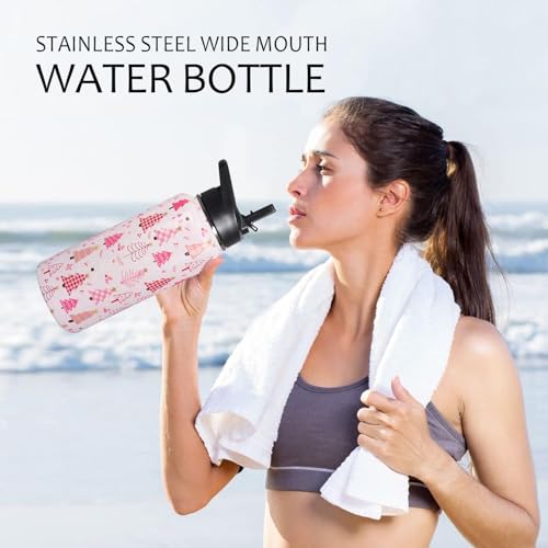 TWBDMKC 32oz Christmas Tree Insulated Water Bottle with Straw - Pink, Gift for Women