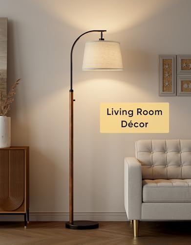 Dimmable Mid-Century Modern Arc Floor Lamp with Linen Shade - Black and Rustic Brown