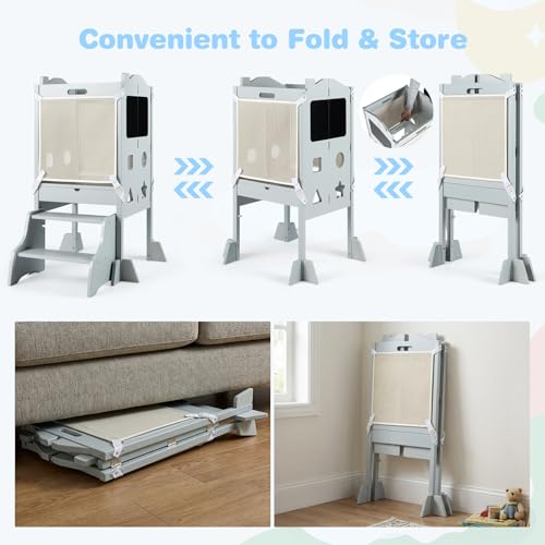 Costzon Grey 4-in-1 Toddler Folding Step Stool & Learning Tower with Chalkboards