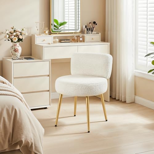 White Fluffy Vanity Chair with Backrest for Makeup & Bedroom