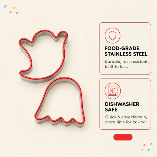 COOKIEQUE 2-Piece Halloween Ghost Cookie Cutters - Food-Grade Stainless Steel, Red Top Edge